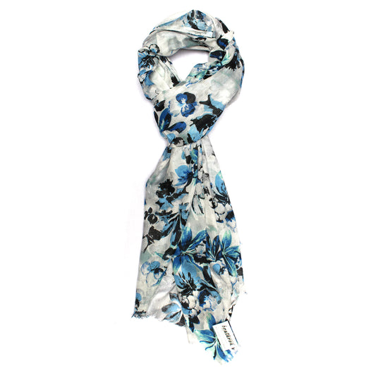Cotton Rayon scarf flat lay showing blue floral prints