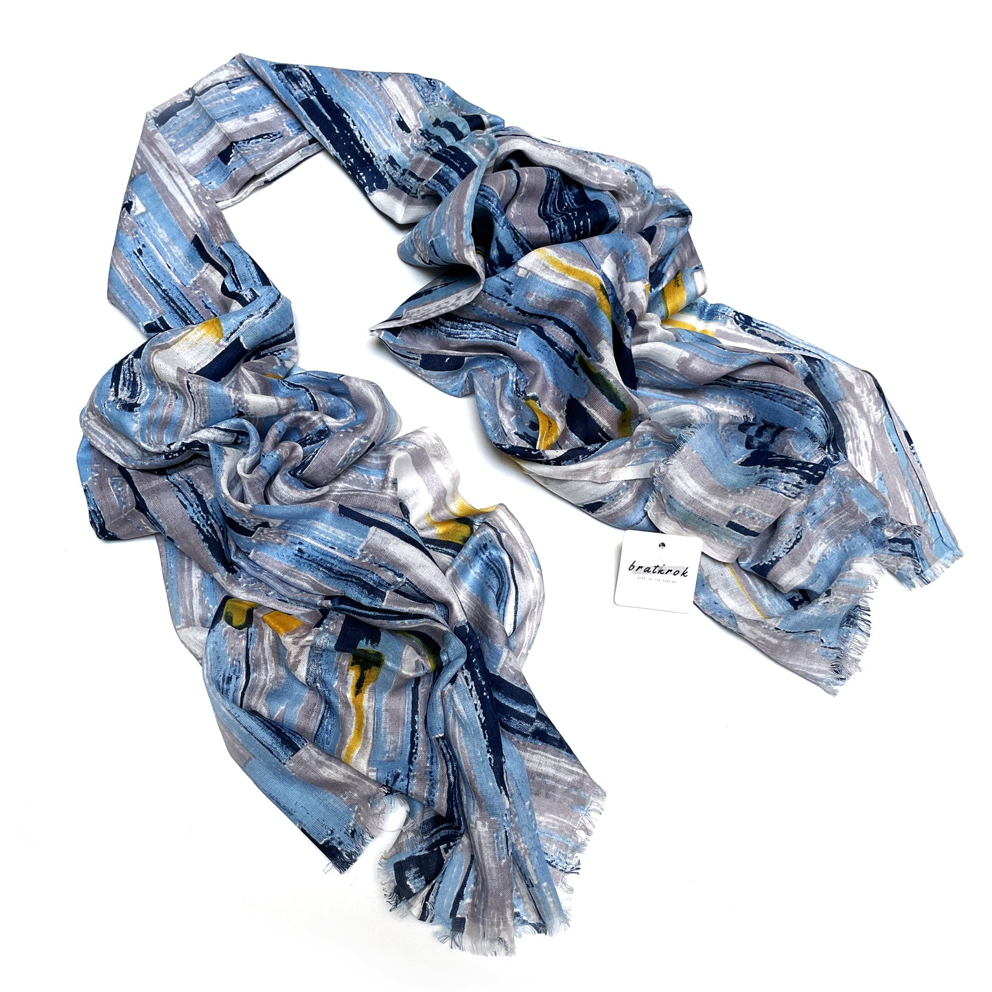 Cotton Rayon scarf flat lay showing blue abstract design stole