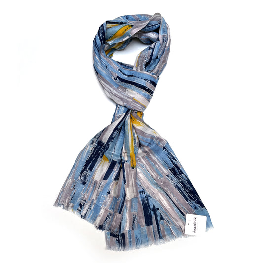 Cotton Rayon scarf flat lay showing blue abstract design stole