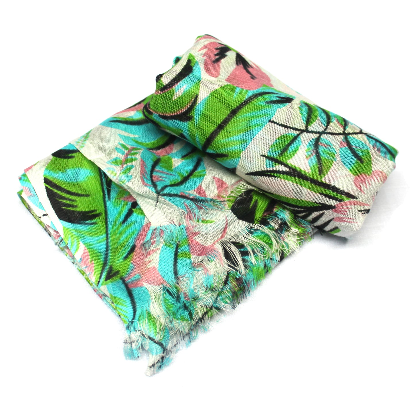 Cotton Rayon scarf flat lay showing green leafy pattern