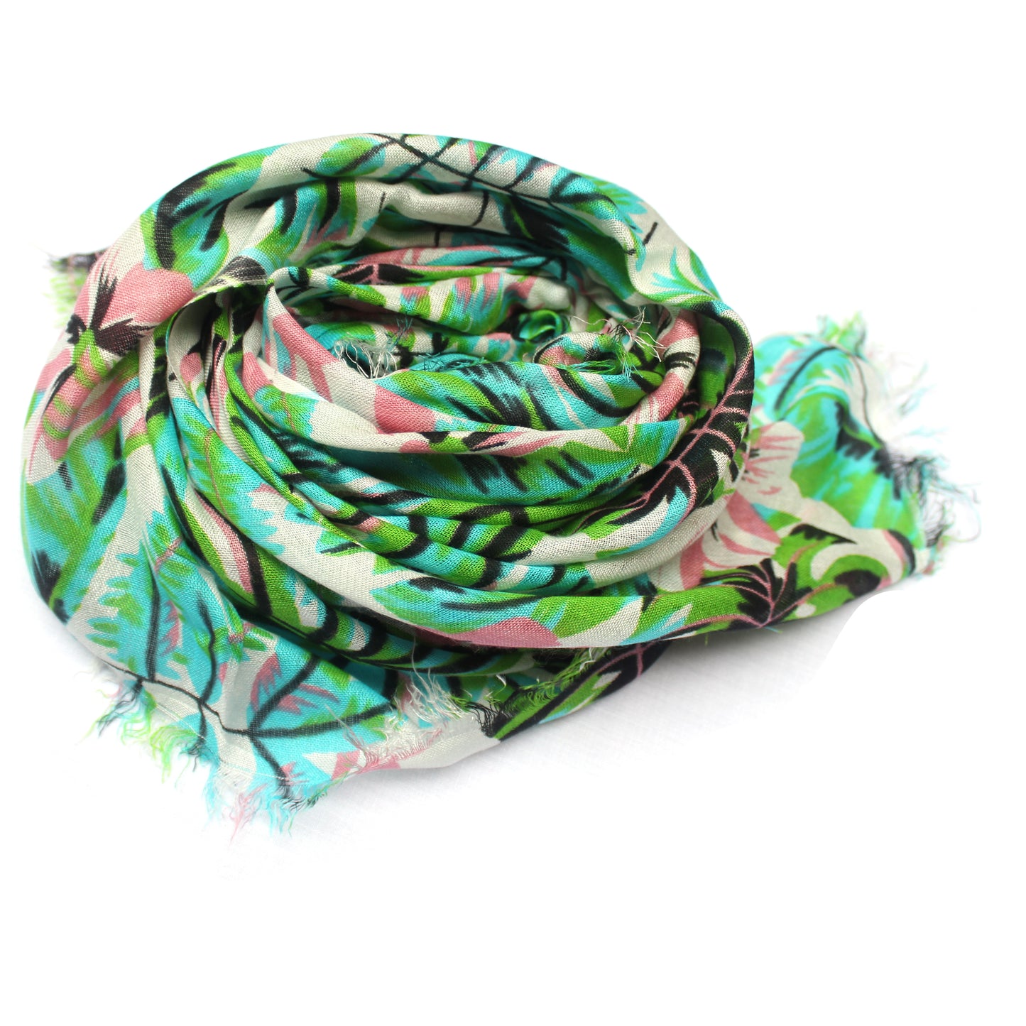 Cotton Rayon scarf flat lay showing green leafy pattern