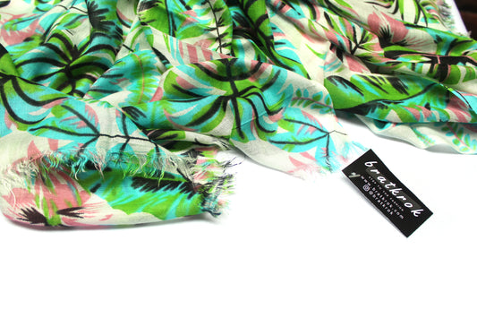 Cotton Rayon scarf texture close-up showing green leafy pattern