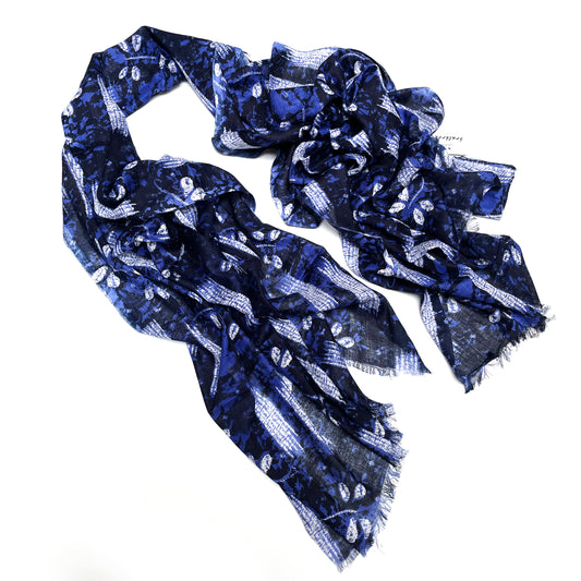 Cotton Rayon scarf flat lay showing navy blue colored stole with flowers