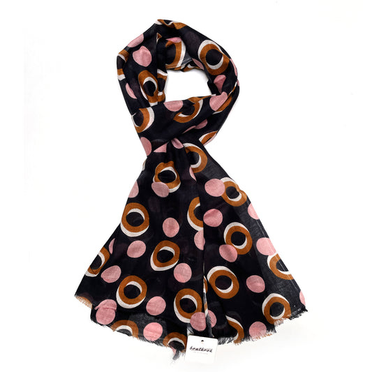 Cotton Rayon scarf flat lay showing black stole with pink and brown/gold colored rings