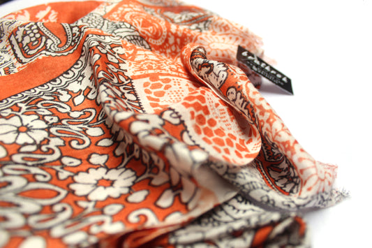 Cotton Rayon scarf flat lay showing orange floral design