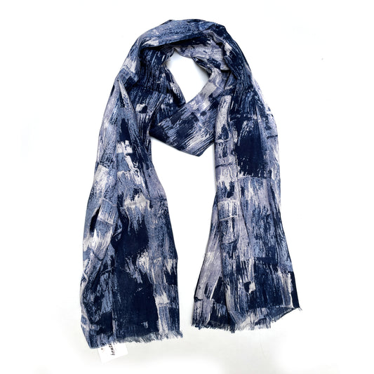 Cotton Rayon scarf flat lay showing abstract blue scarf