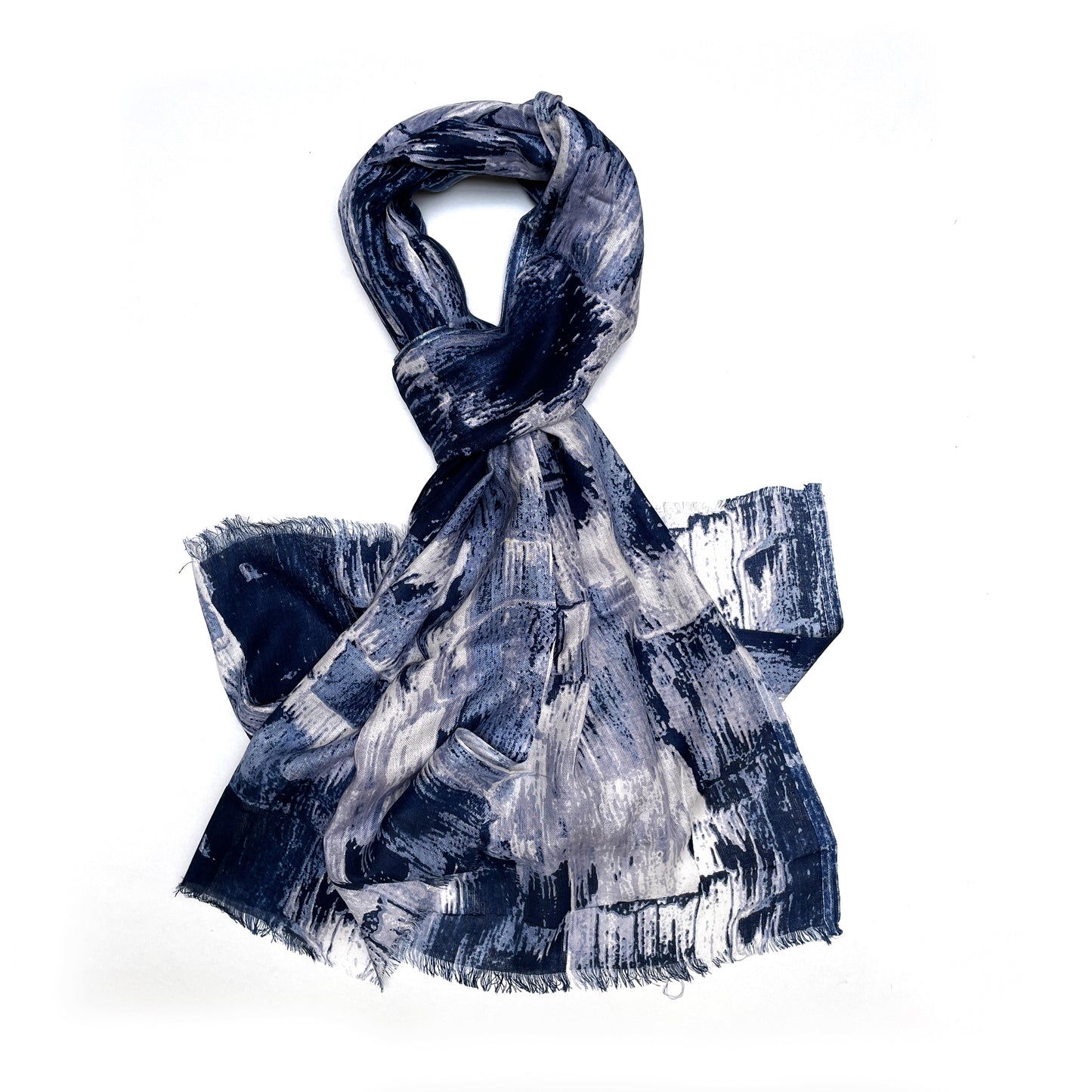 Cotton Rayon scarf flat lay showing abstract blue scarf