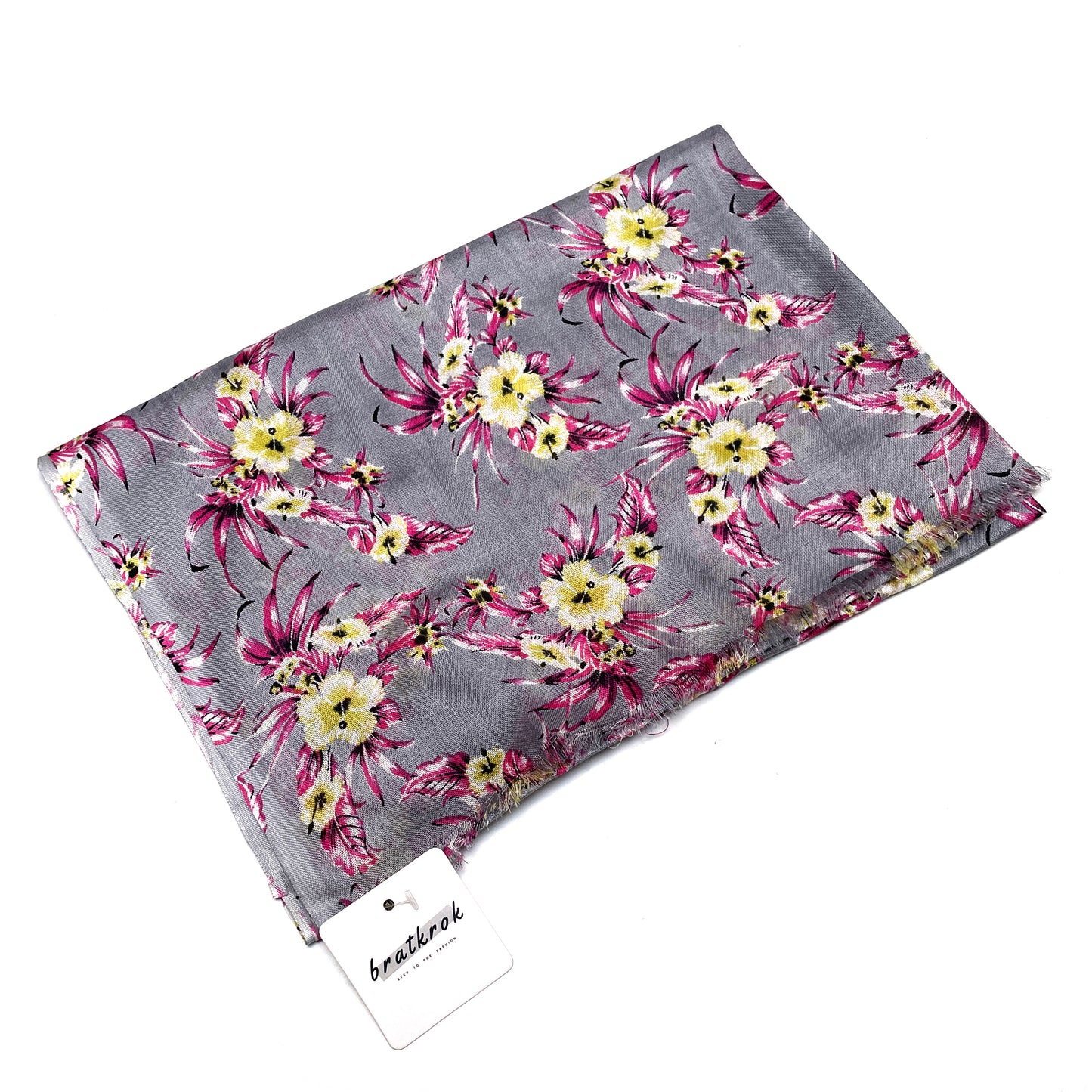 Cotton Rayon scarf flat lay showing grey floral stole