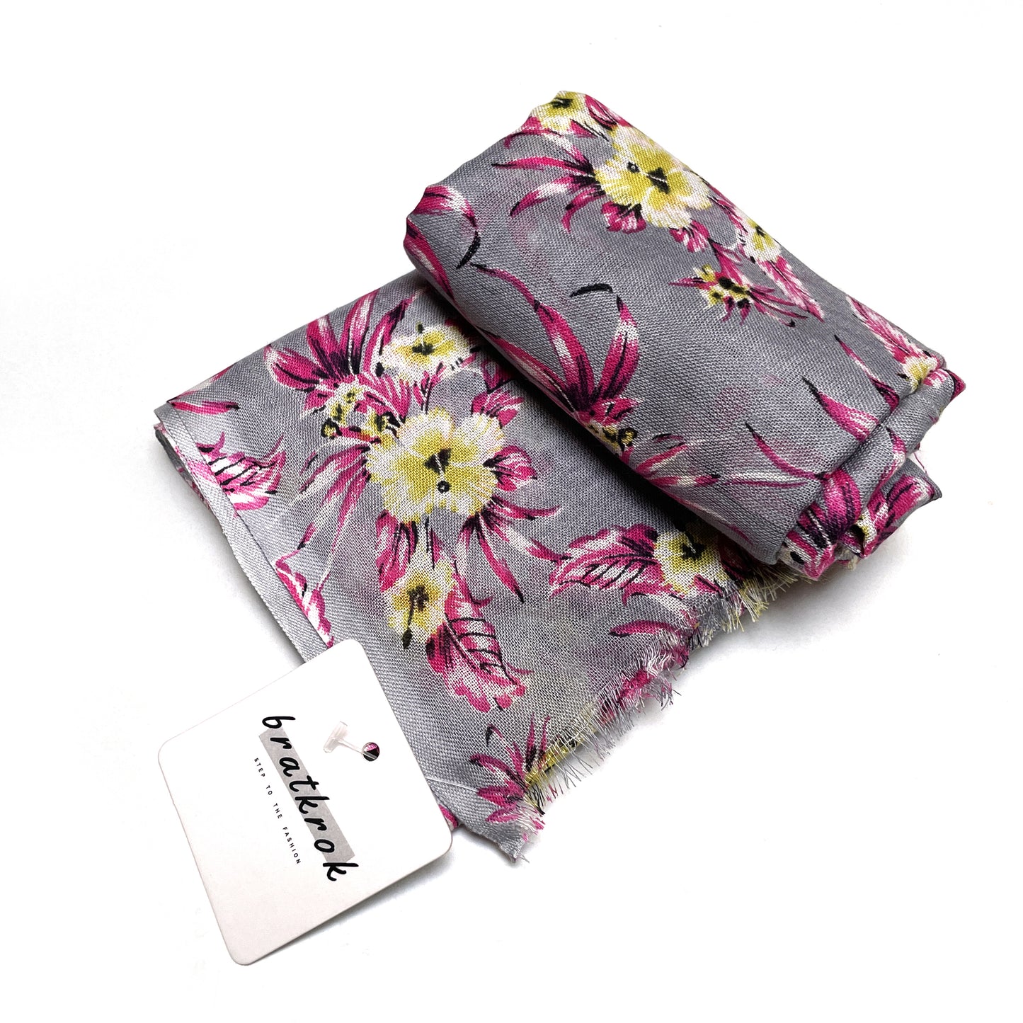 Cotton Rayon scarf flat lay showing grey floral stole