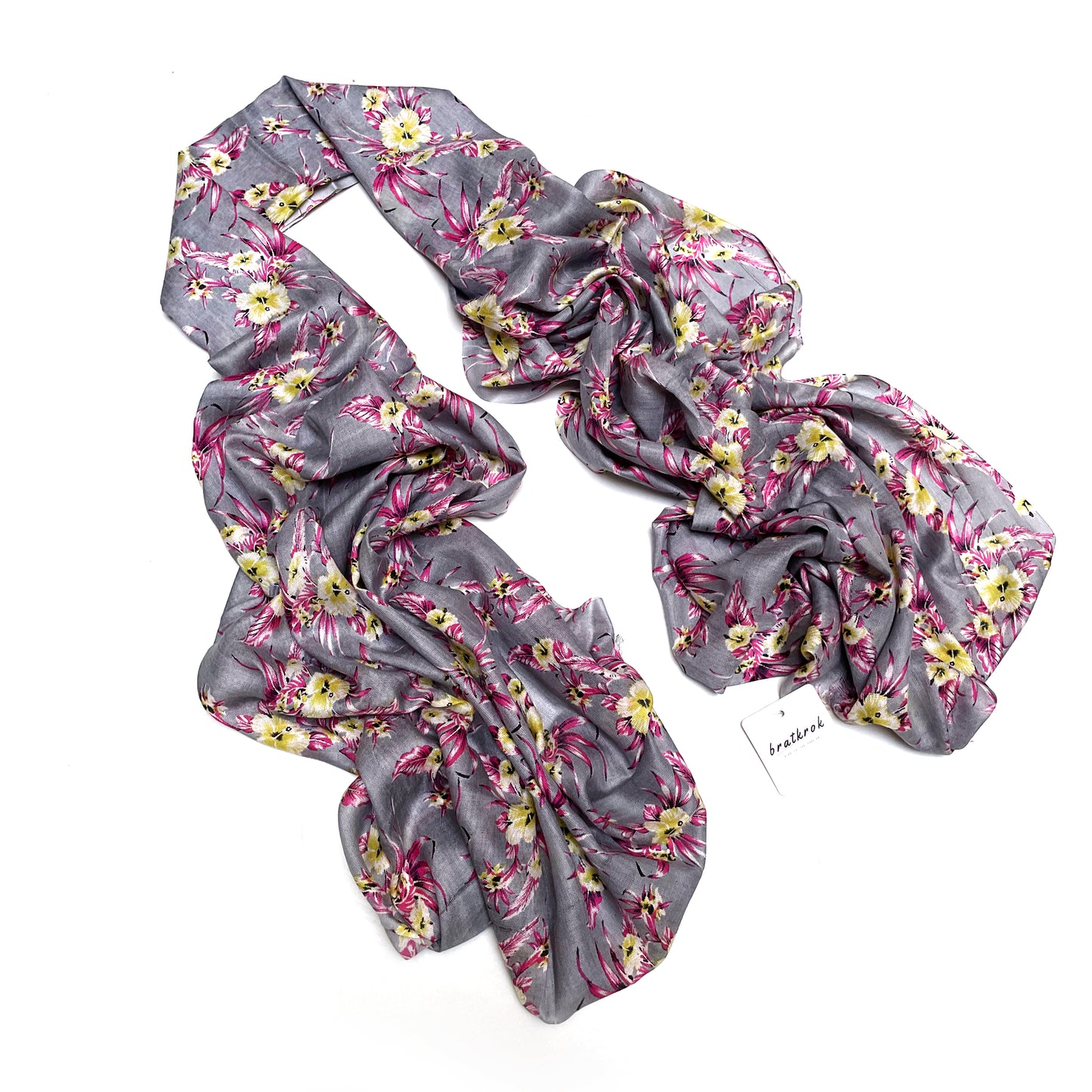 Cotton Rayon scarf flat lay showing grey floral stole