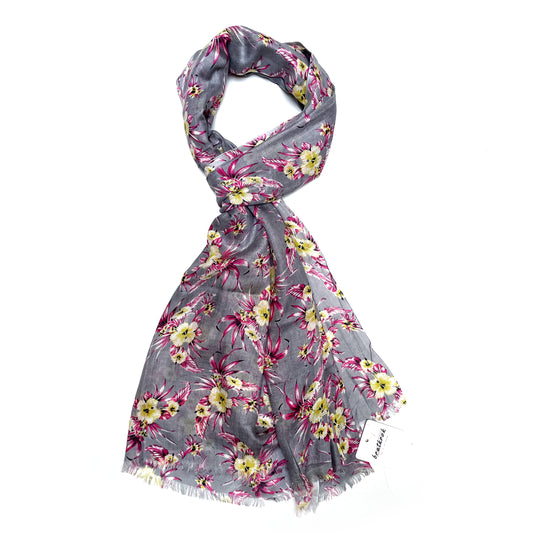 Cotton Rayon scarf flat lay showing grey floral stole