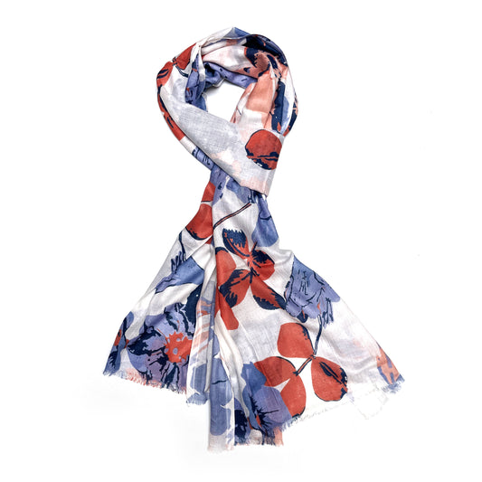 Cotton Rayon scarf flat lay showing white floral designed stole