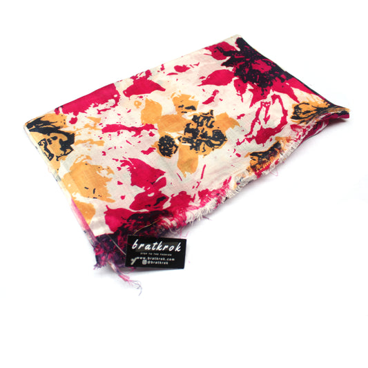 Cotton Rayon scarf flat lay showing darkpink floral abstract design
