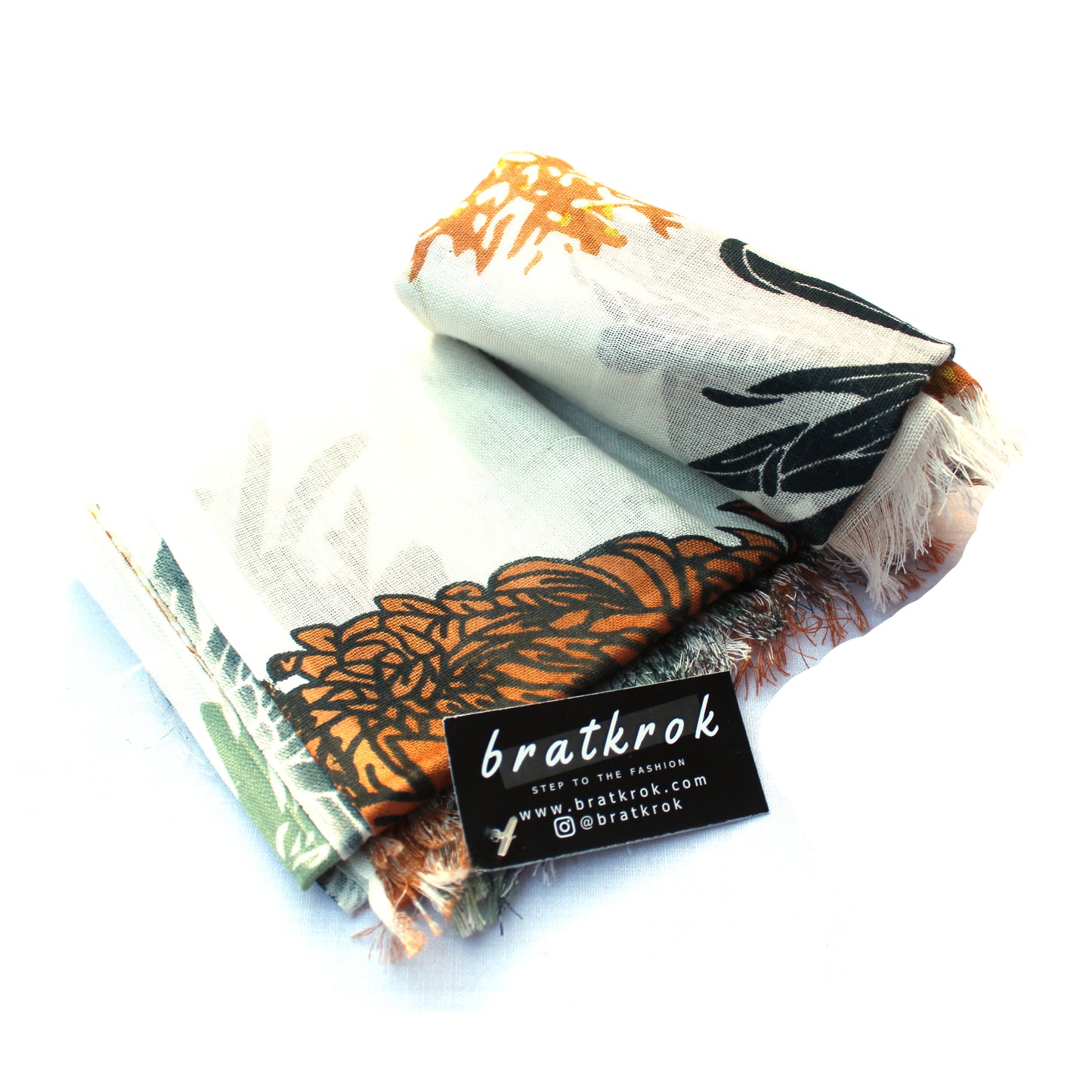 Cotton Rayon scarf flat lay showing white flowers