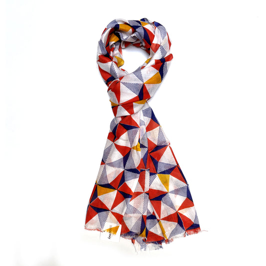Cotton Rayon scarf flat lay showing orange multicolored geometric stole