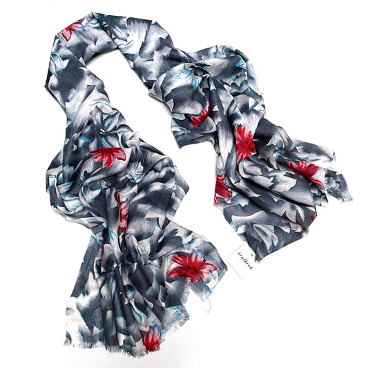 Cotton Rayon scarf flat lay showing grey colored floral stole