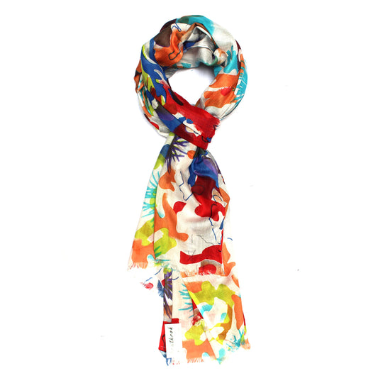 Cotton-rayon scarf flat lay showing Vibrant colorful print