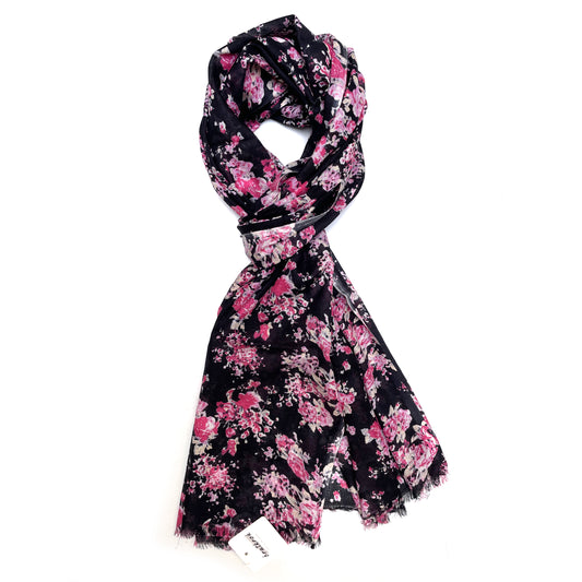 Cotton Rayon scarf flat lay showing black stole with pink flowers