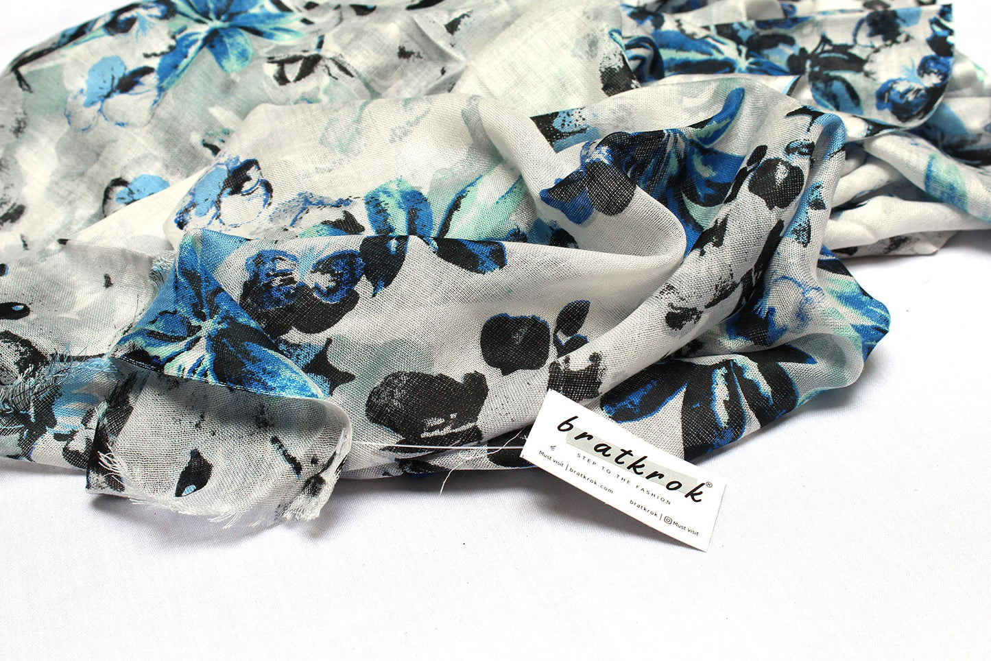 Cotton Rayon scarf flat lay closeup fabric showing blue floral prints
