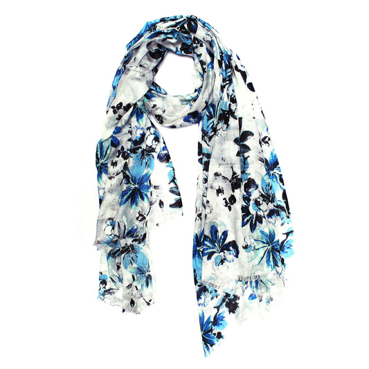 
Cotton Rayon scarf flat lay showing blue flower design