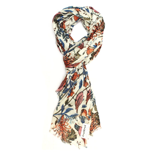 Cotton Rayon scarf flat lay showing  bird prints