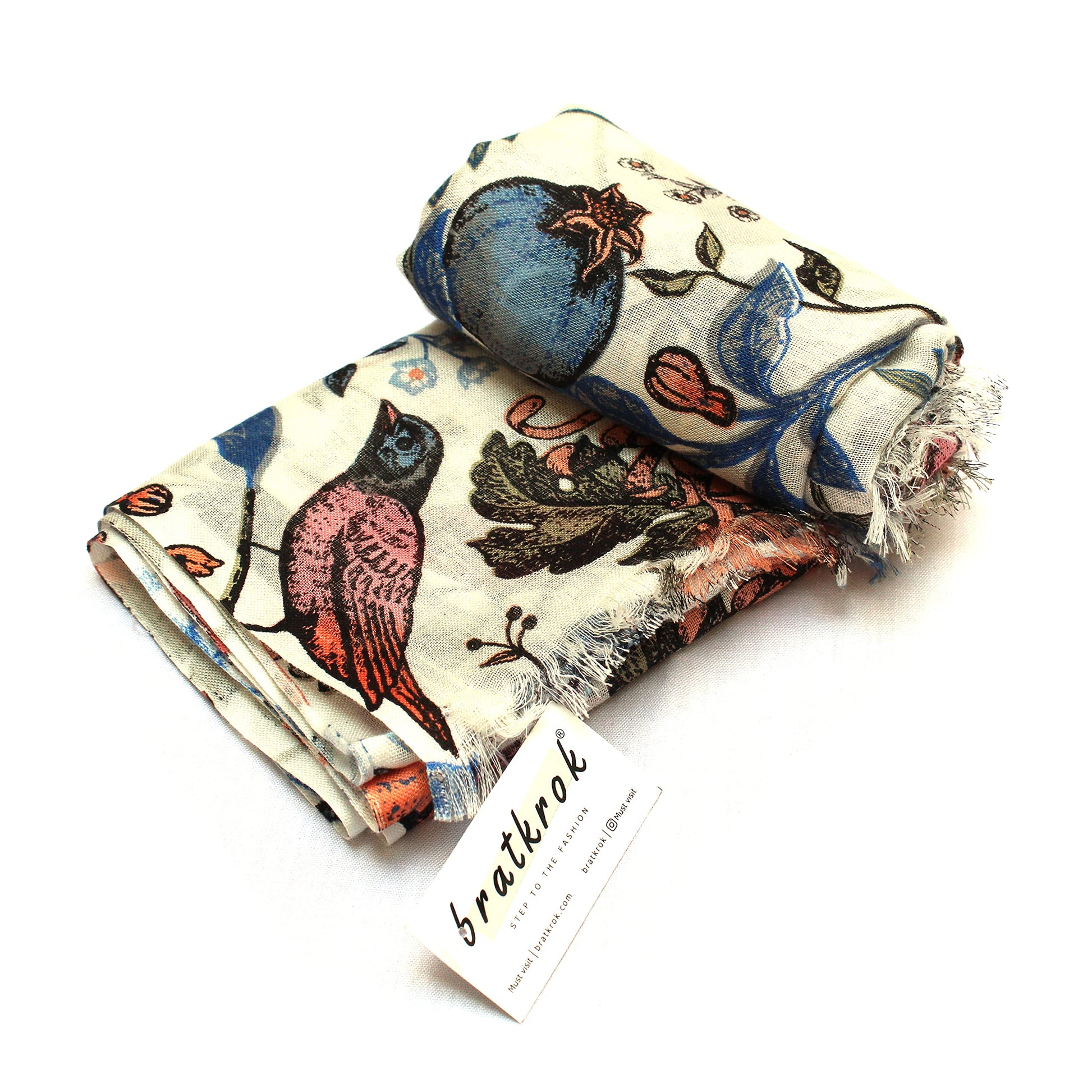 Cotton Rayon scarf texture closeup bird prints