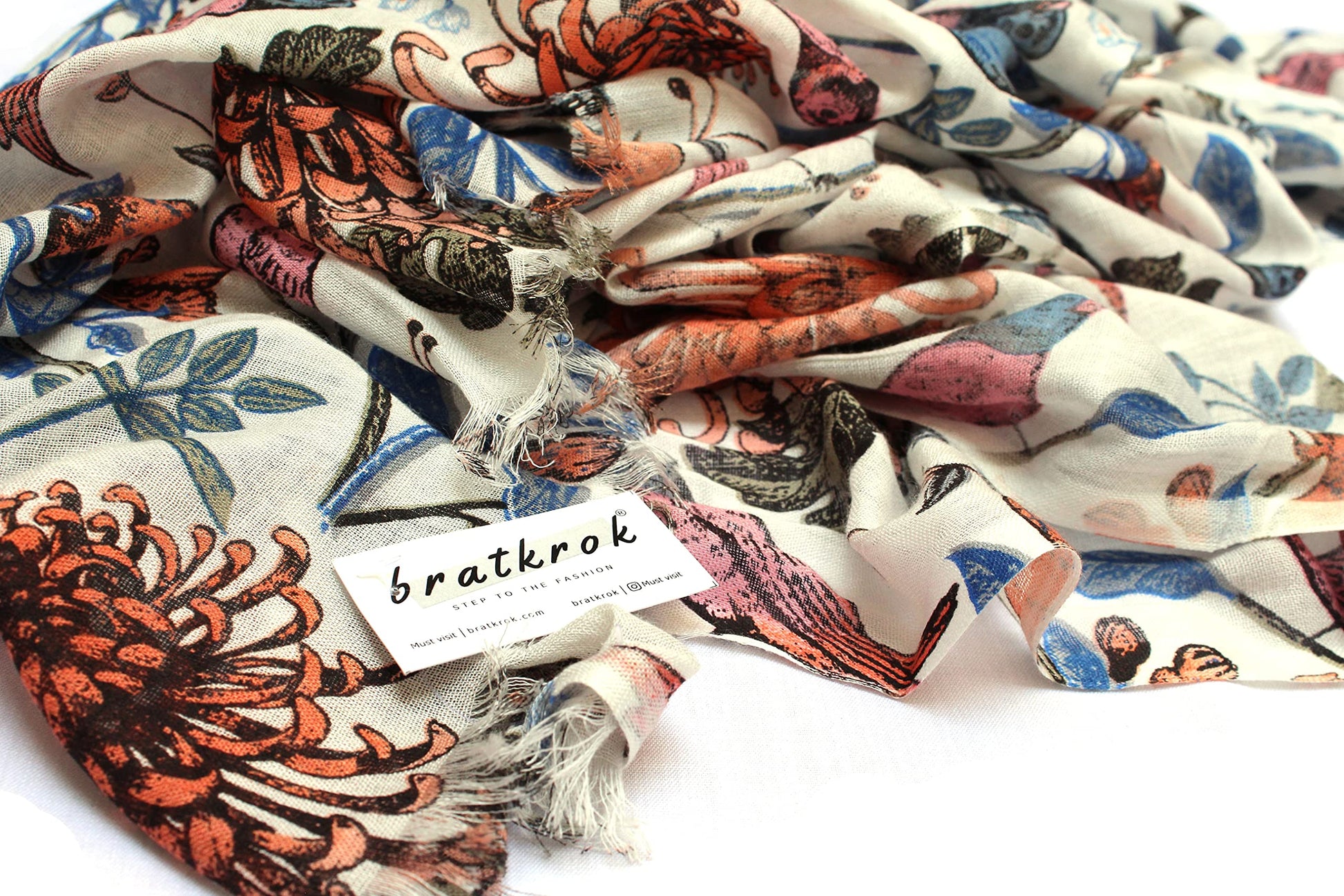 Cotton Rayon scarf texture closeup showing  bird prints
