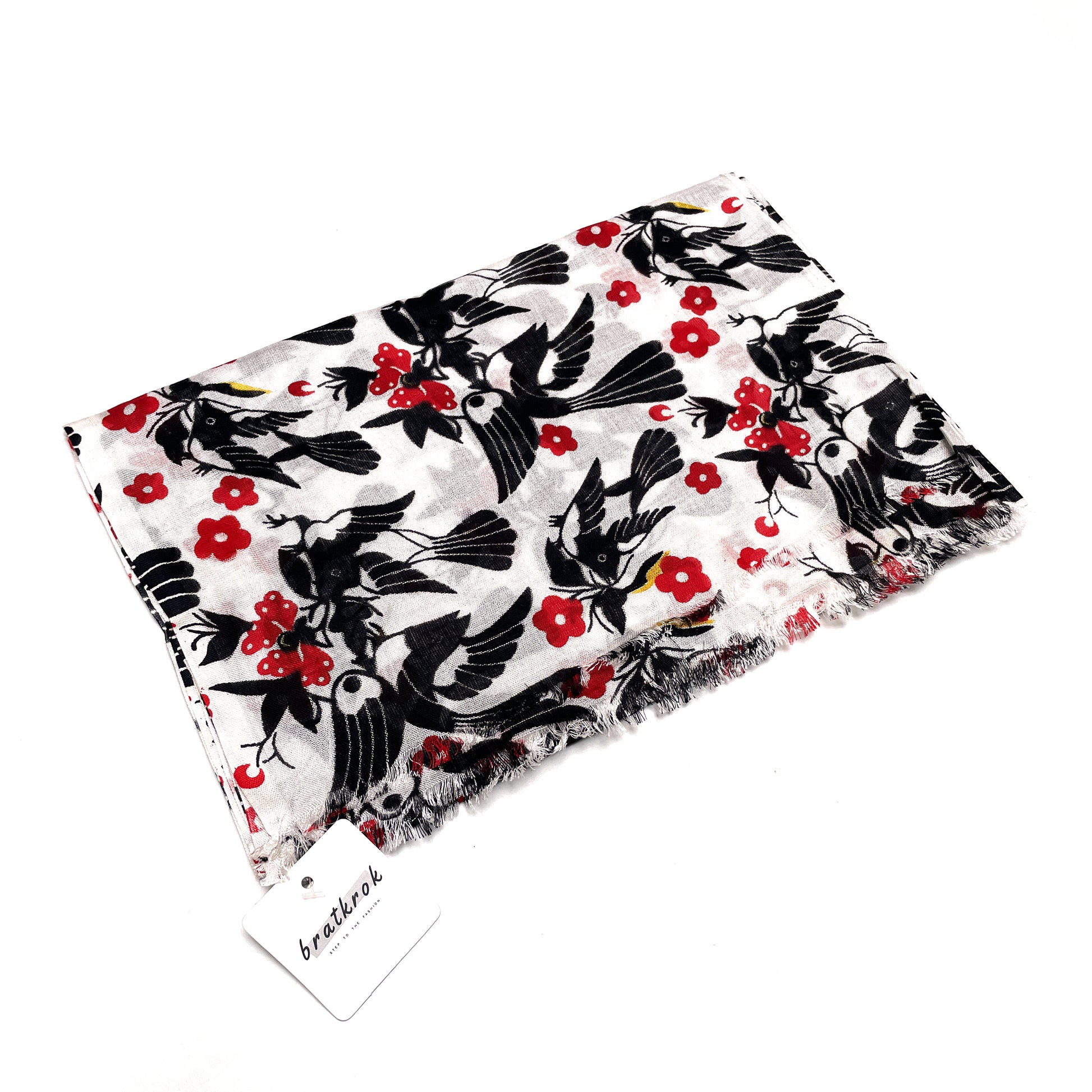 Cotton Rayon scarf flat lay showing black animal prints