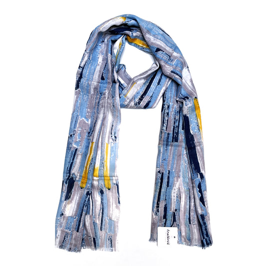 Cotton Rayon scarf flat lay showing blue abstract design stole
