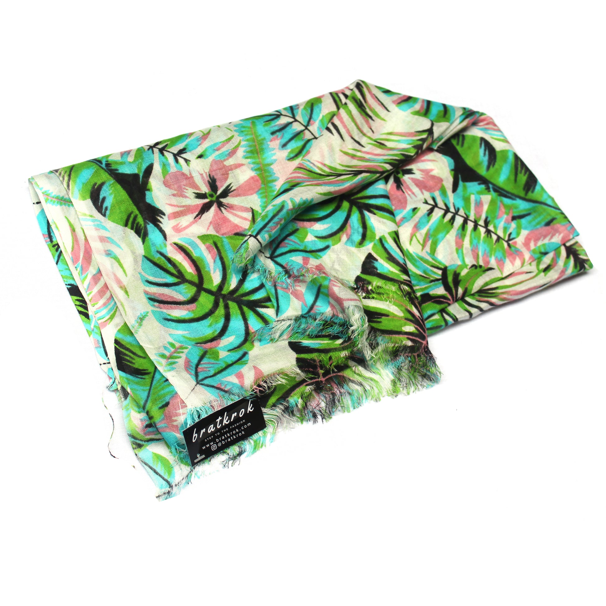 Cotton Rayon scarf flat lay showing green leafy pattern