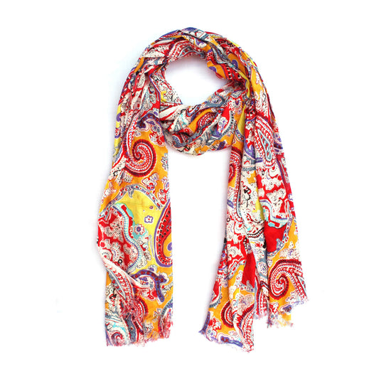 
Cotton Rayon scarf flat lay showing multicolored floral design
