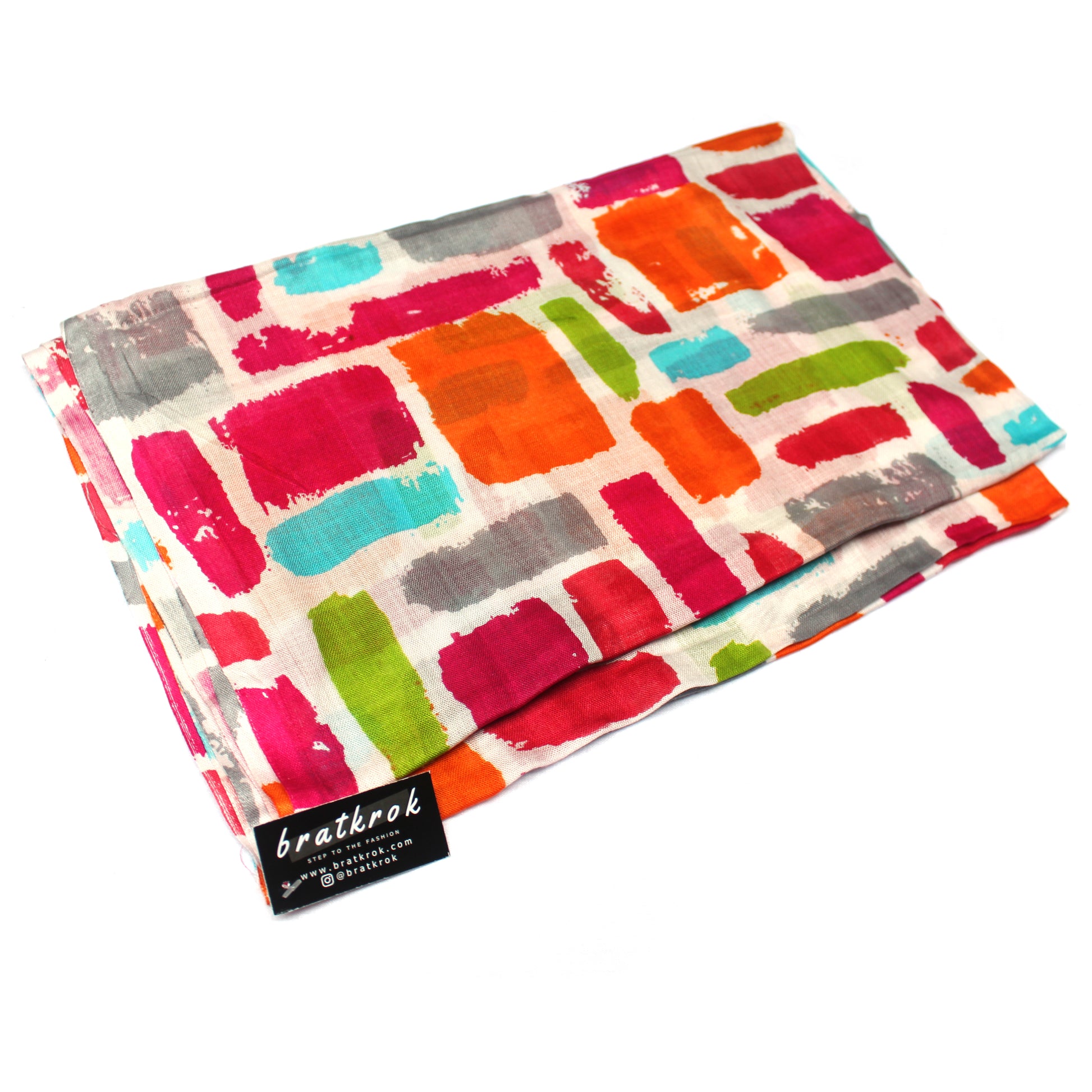 Cotton Rayon scarf texture close-up showing multicolor squares printed stole
