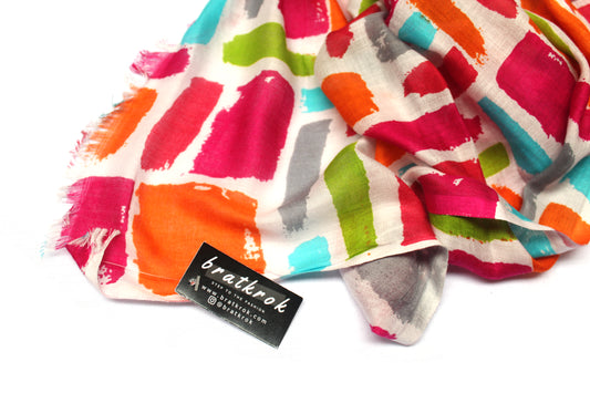 Cotton Rayon scarf texture close-up showing multicolor squares printed stole
