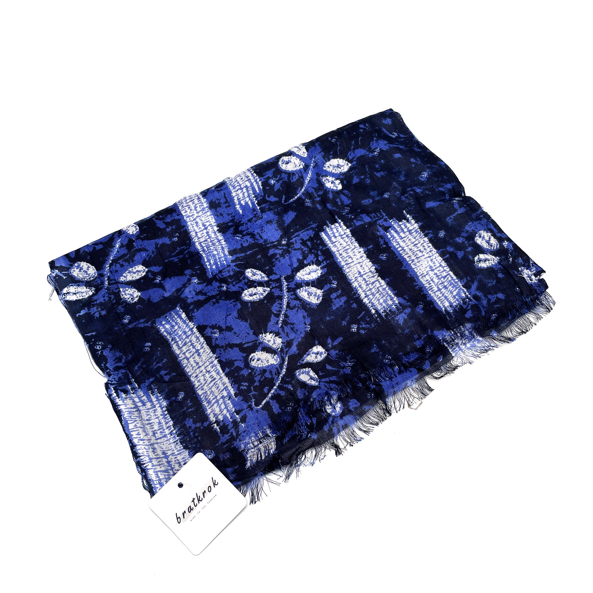 Cotton Rayon scarf flat lay showing navy blue colored stole with flowers