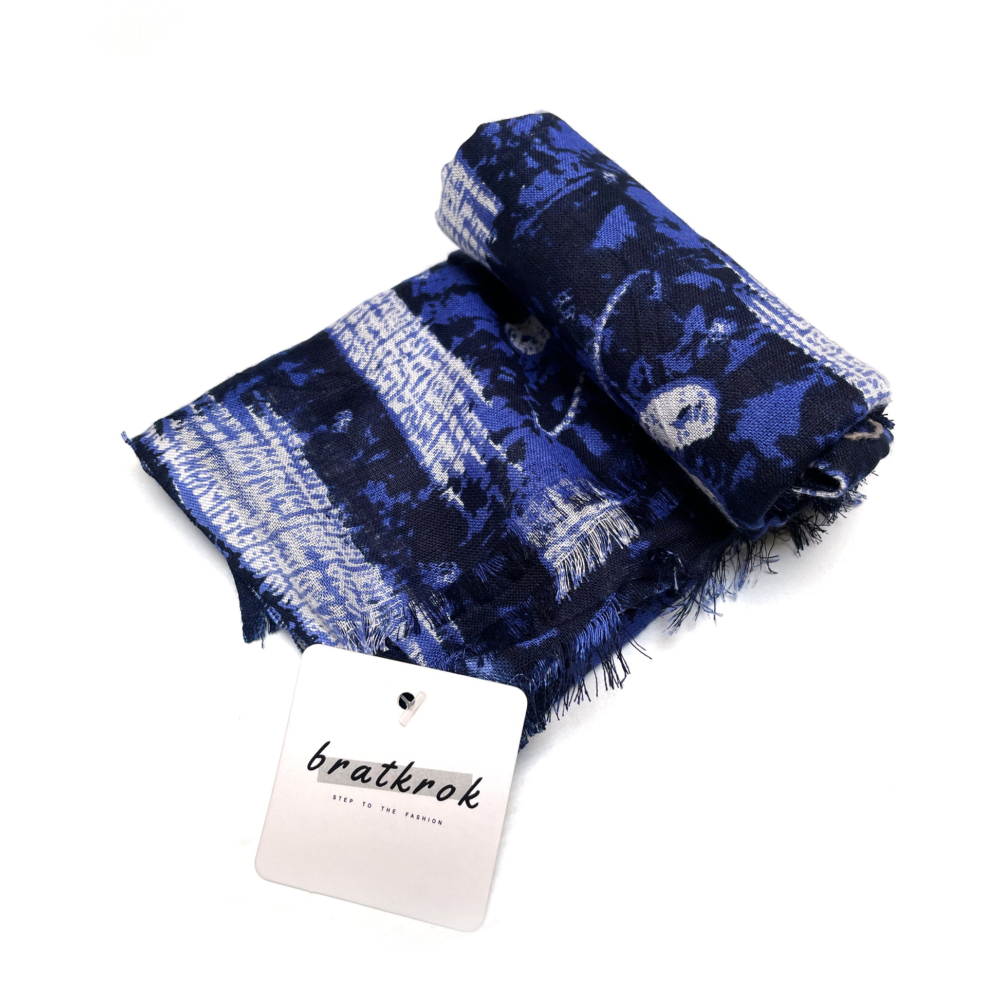 Cotton Rayon scarf flat lay showing navy blue colored stole with flowers