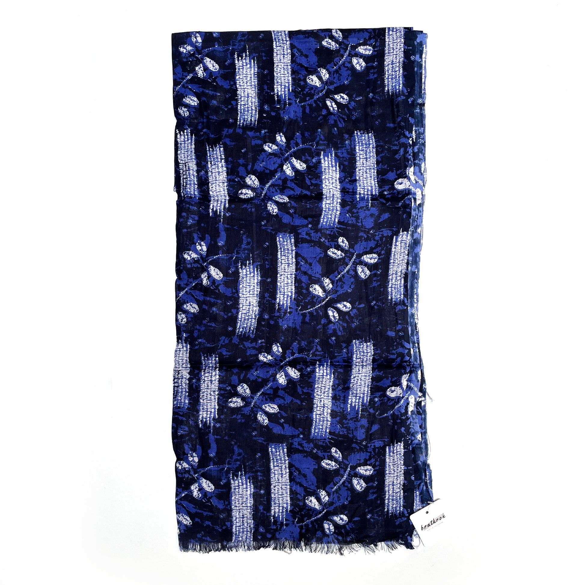 Cotton Rayon scarf flat lay showing navy blue colored stole with flowers