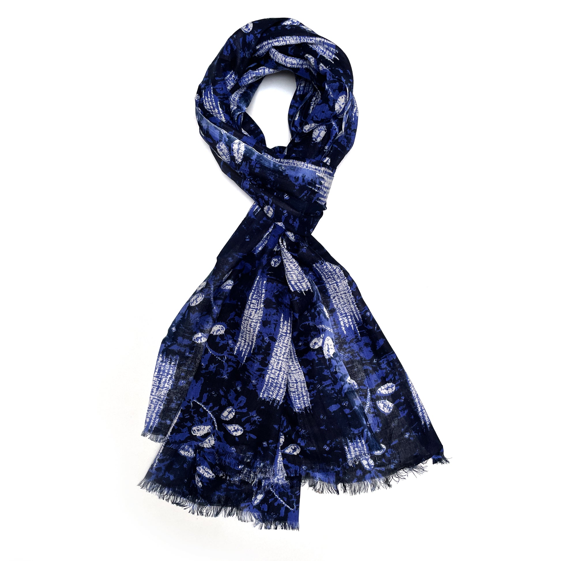 Cotton Rayon scarf flat lay showing navy blue colored stole with flowers