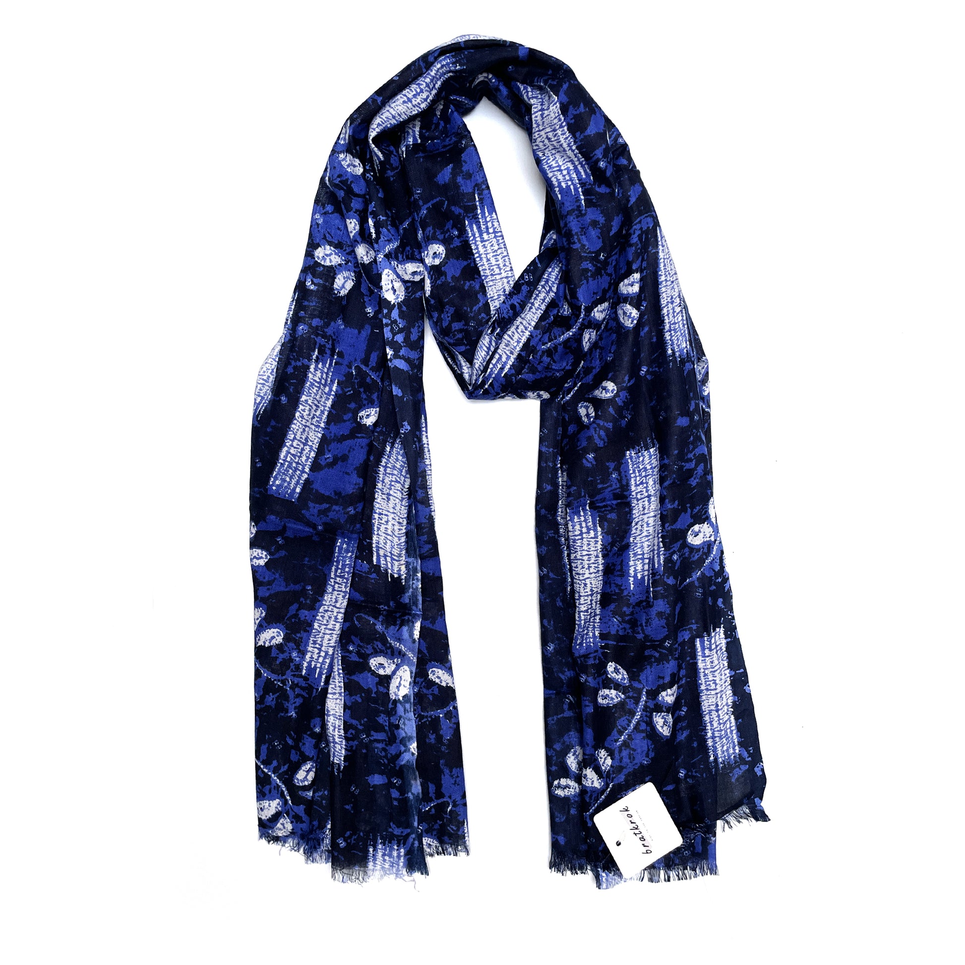 Cotton Rayon scarf flat lay showing navy blue colored stole with flowers