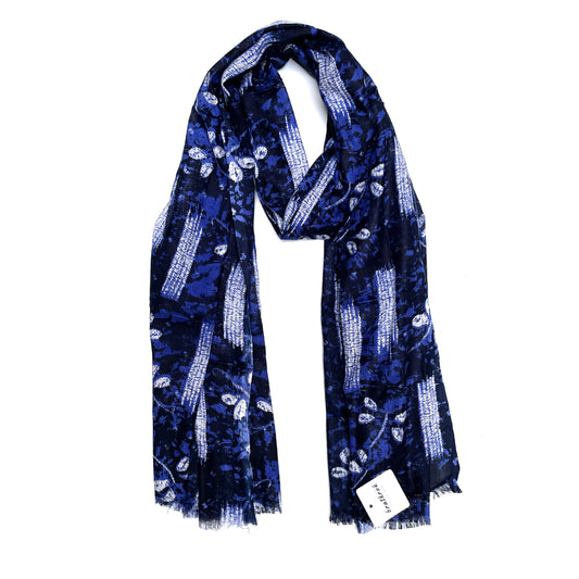 Cotton Rayon scarf flat lay showing navy blue colored stole with flowers