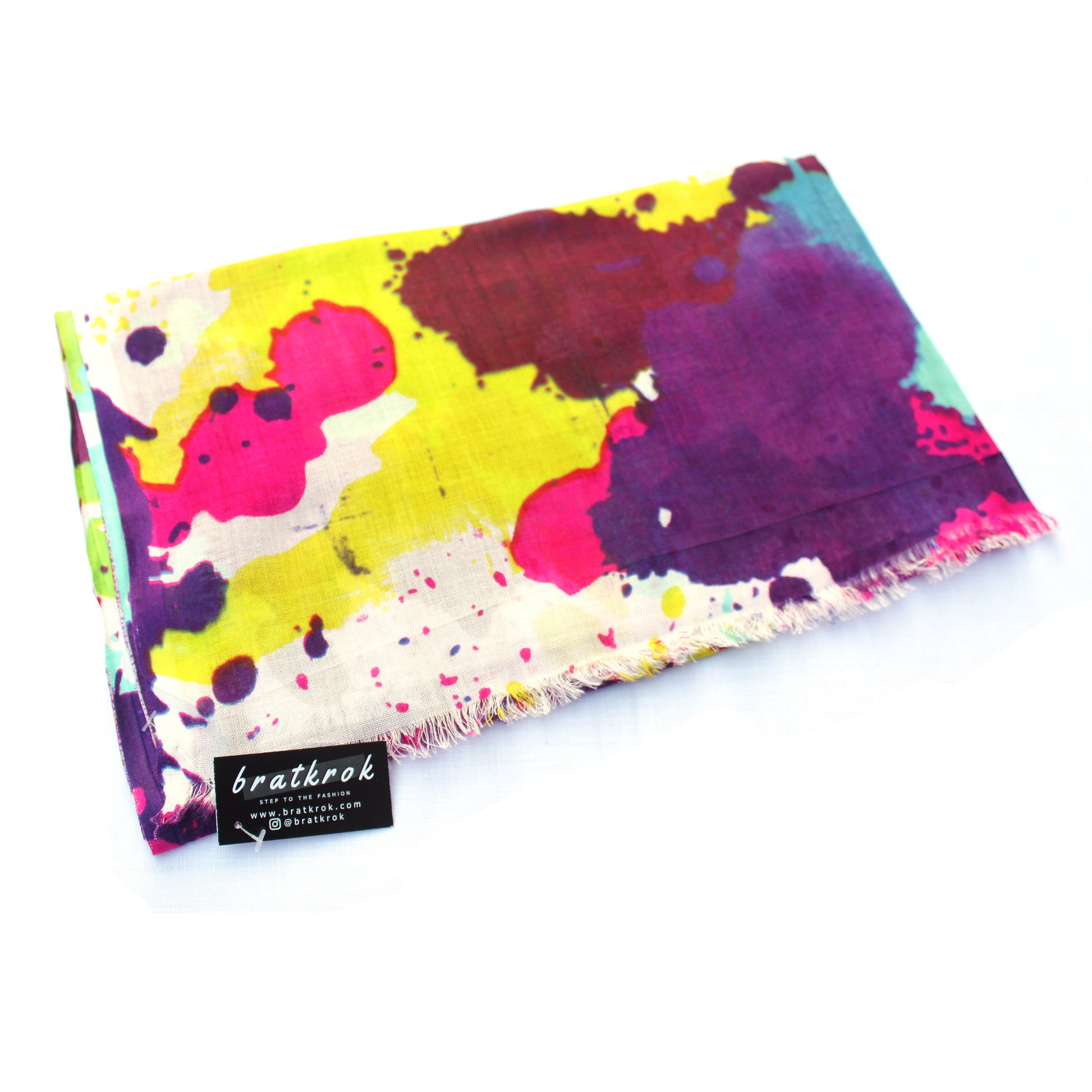 Cotton Rayon scarf flat lay showing paint sprinkled design 