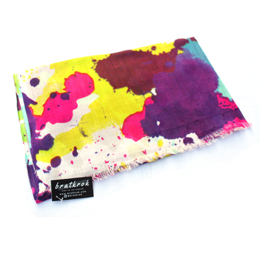 Cotton Rayon scarf flat lay showing paint sprinkled design 