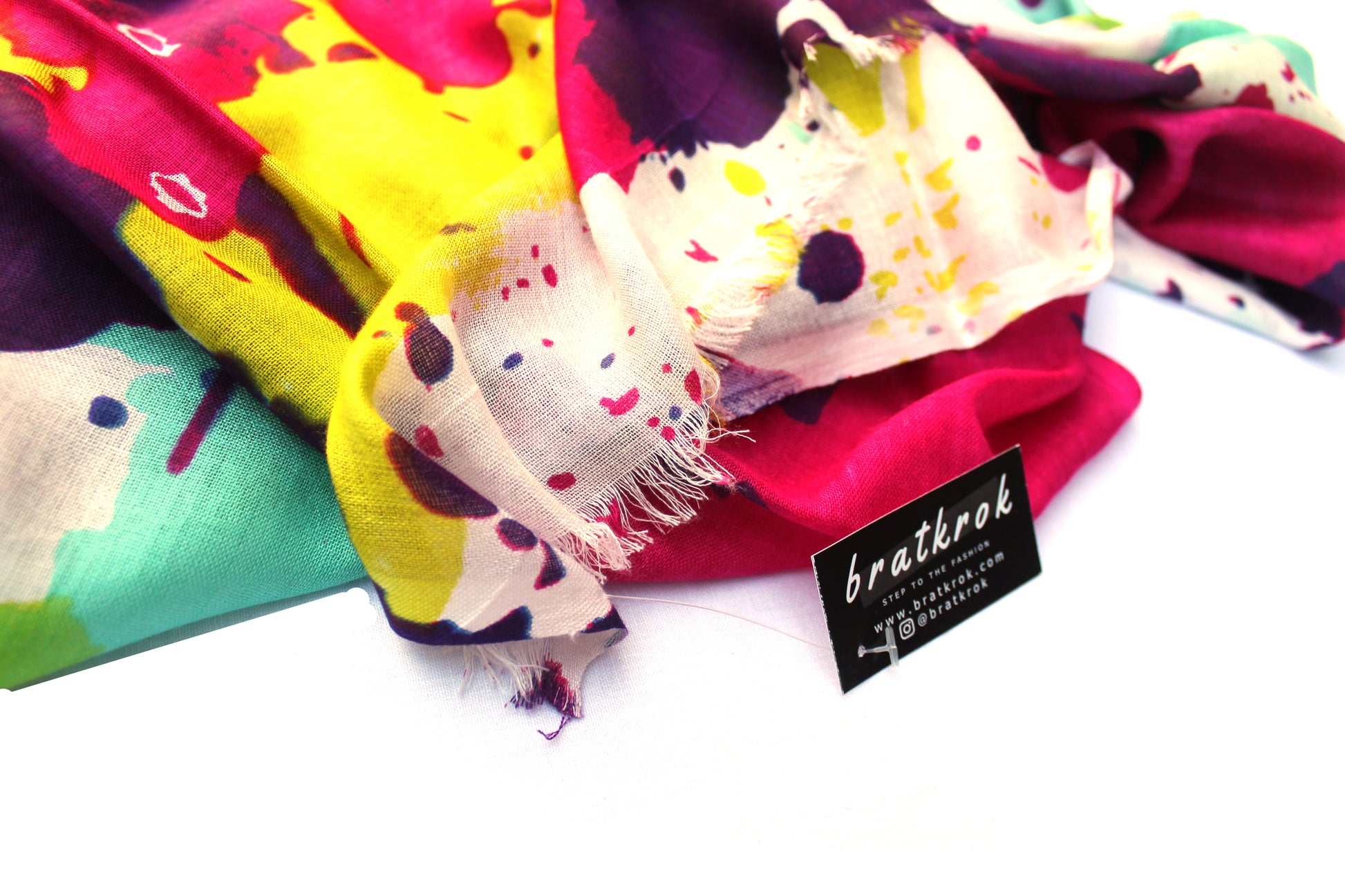Cotton Rayon scarf texture close-up showing paint sprinkled multicolor
