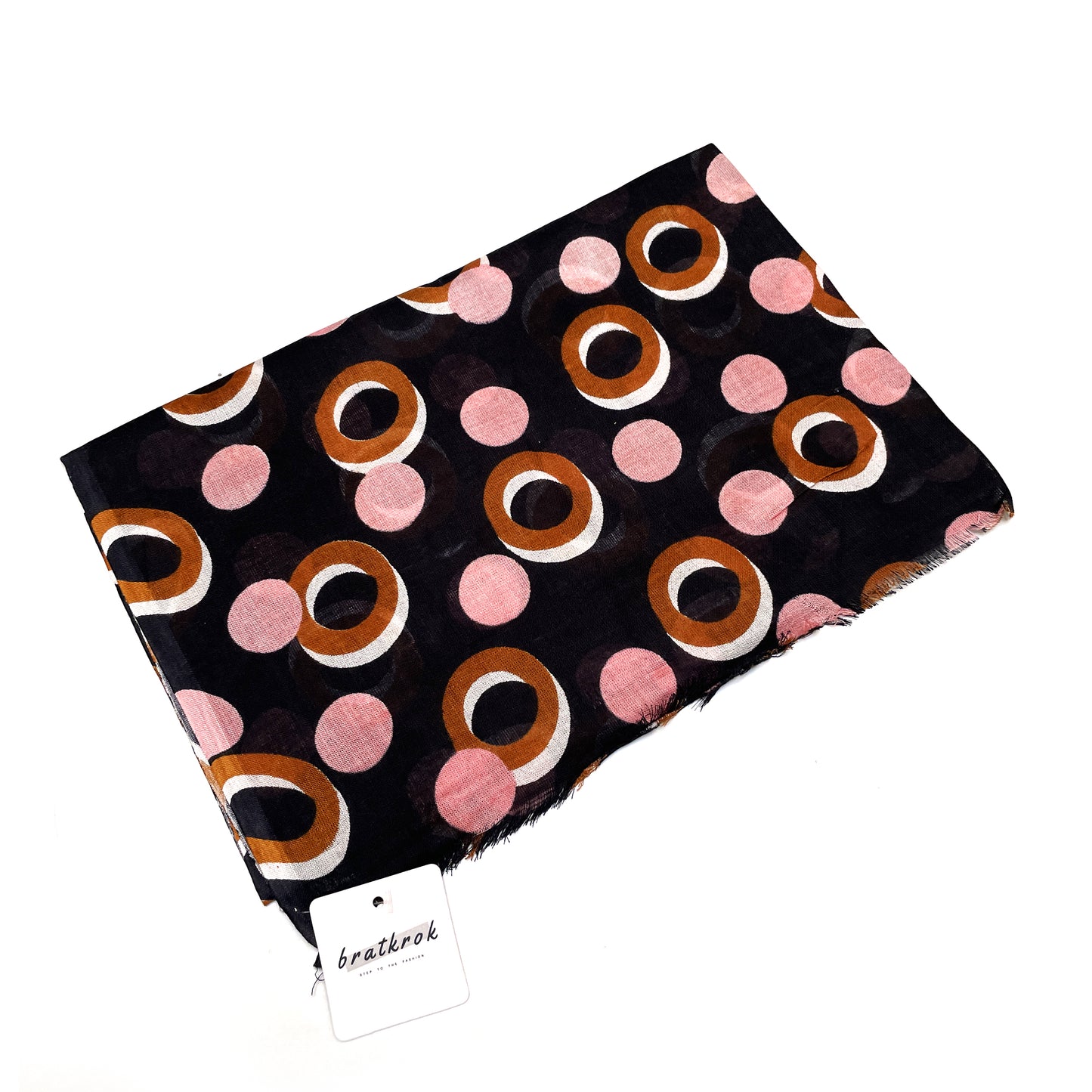 Cotton Rayon scarf flat lay showing black stole with pink and brown/gold colored rings