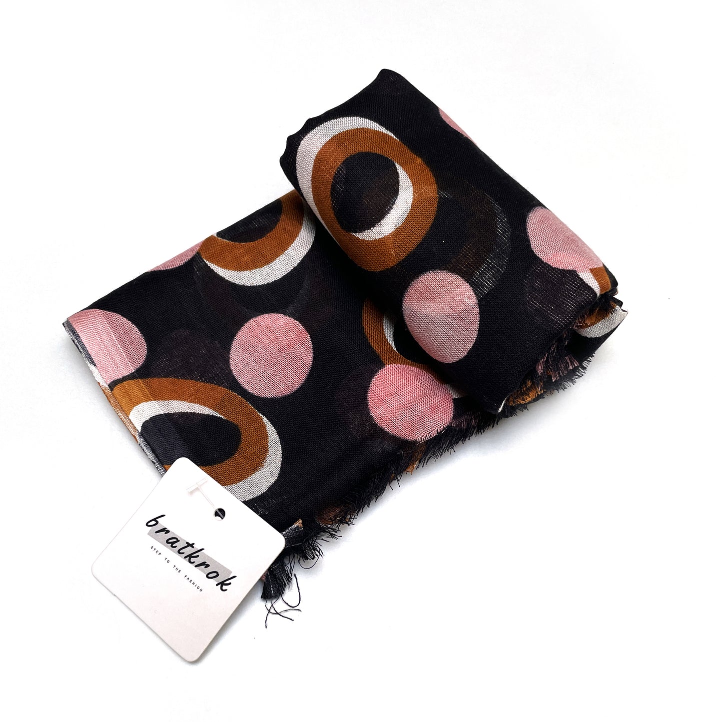 Cotton Rayon scarf flat lay showing black stole with pink and brown/gold colored rings