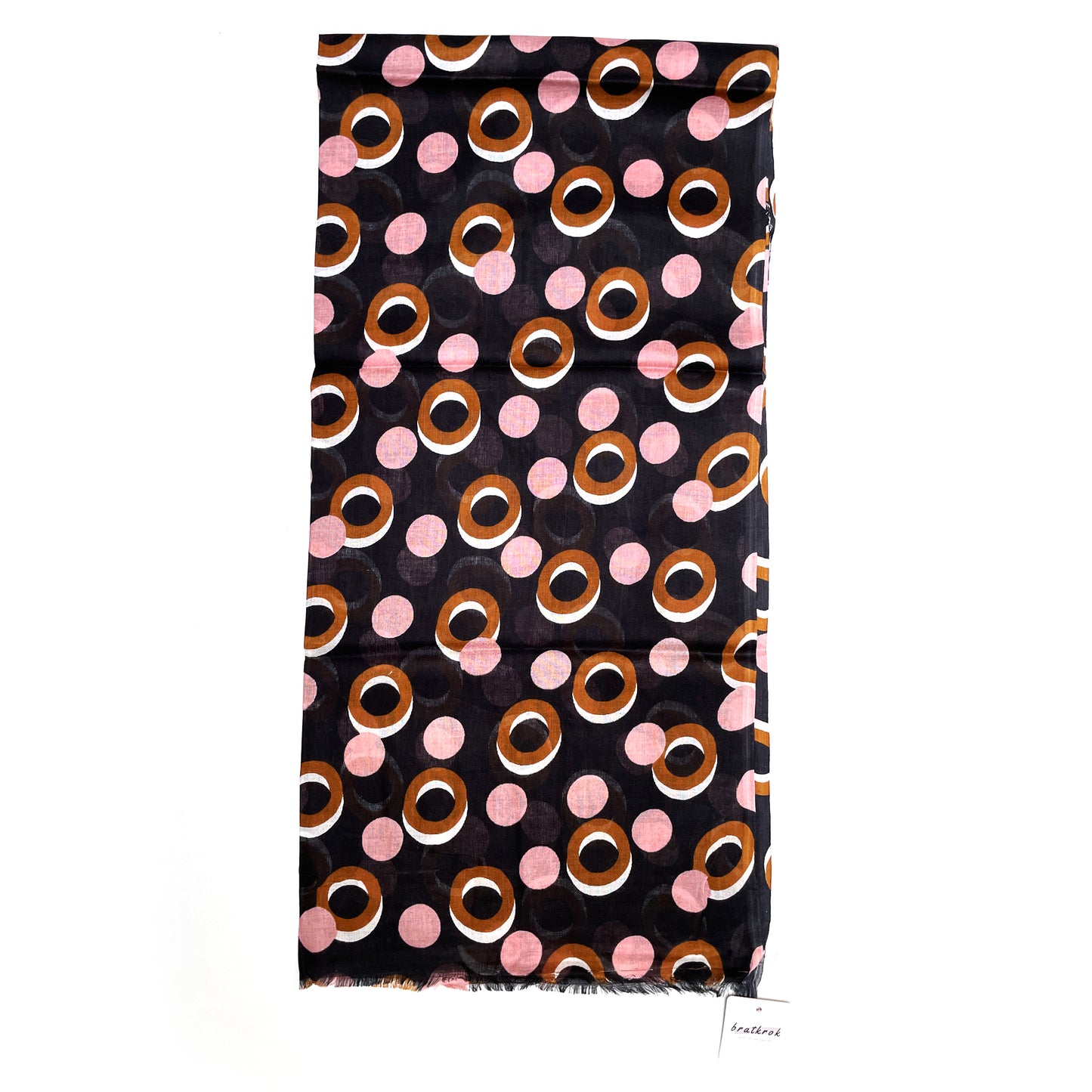 Cotton Rayon scarf flat lay showing black stole with pink and brown/gold colored rings