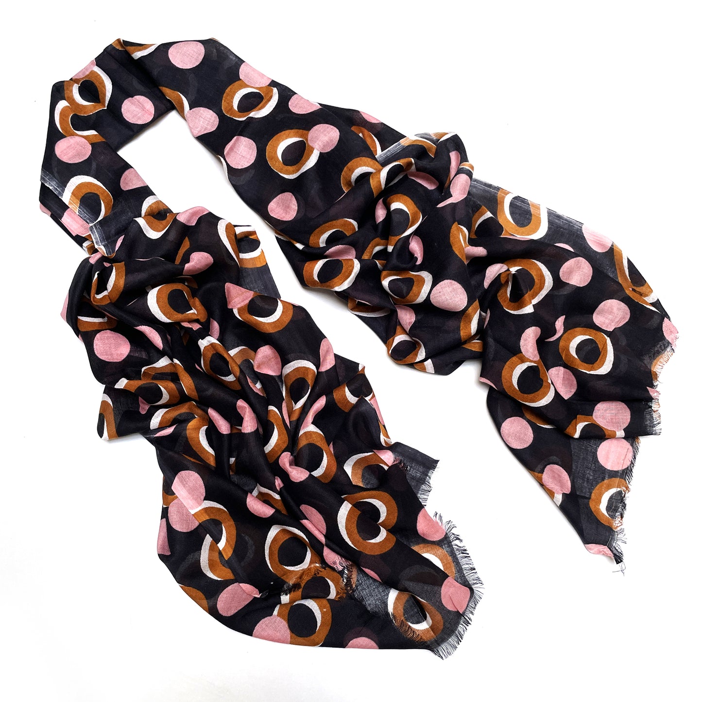 Cotton Rayon scarf flat lay showing black stole with pink and brown/gold colored rings