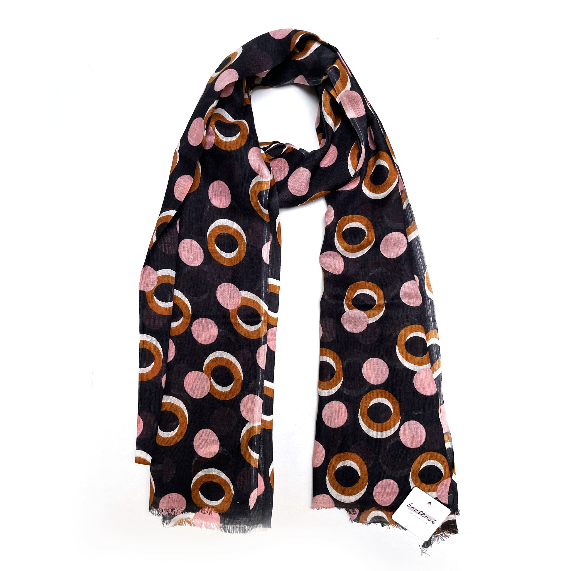 Cotton Rayon scarf flat lay showing black stole with pink and brown/gold colored rings
