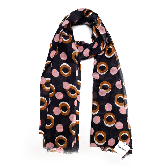 Cotton Rayon scarf flat lay showing black stole with pink and brown/gold colored rings