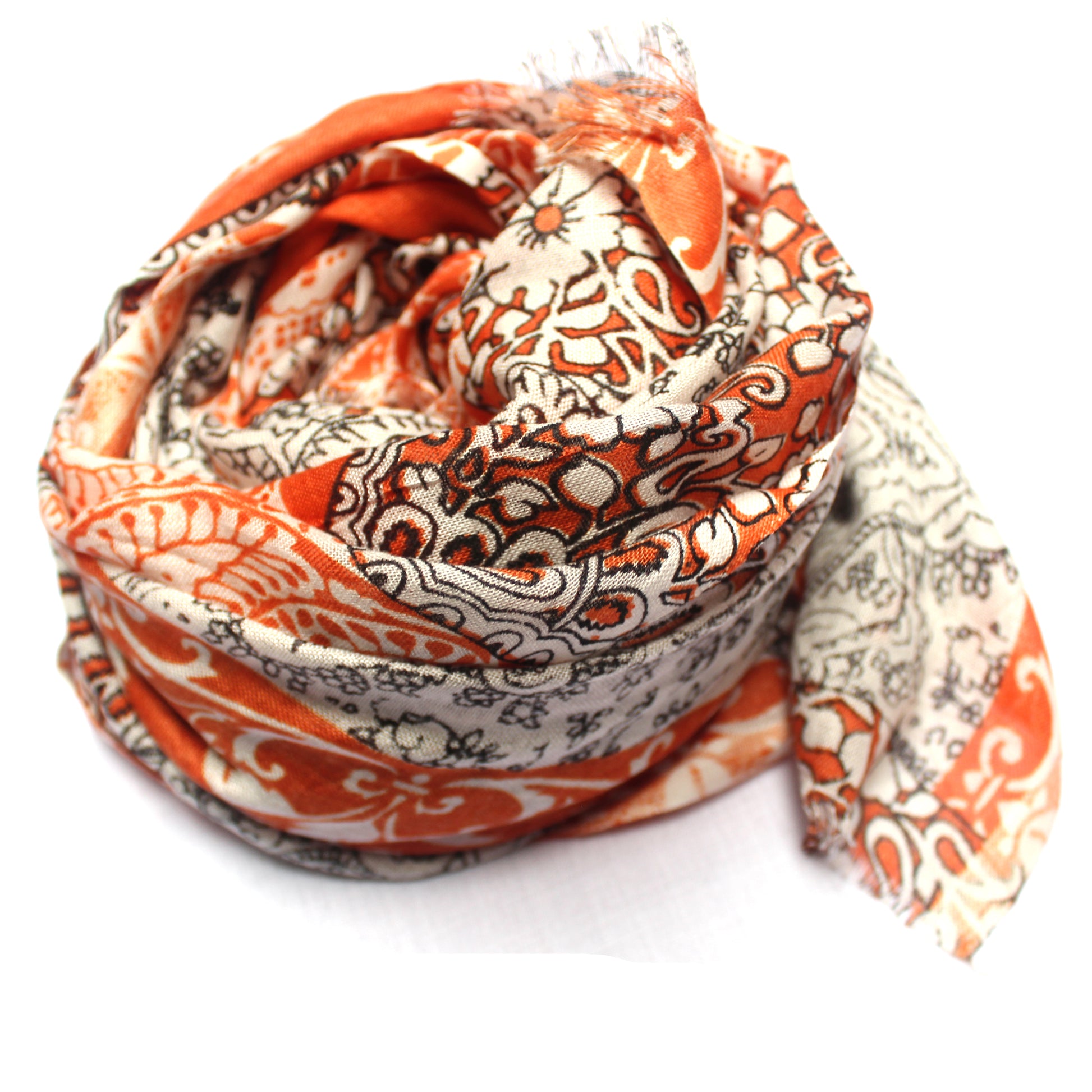 
Cotton Rayon scarf flat lay showing orange floral