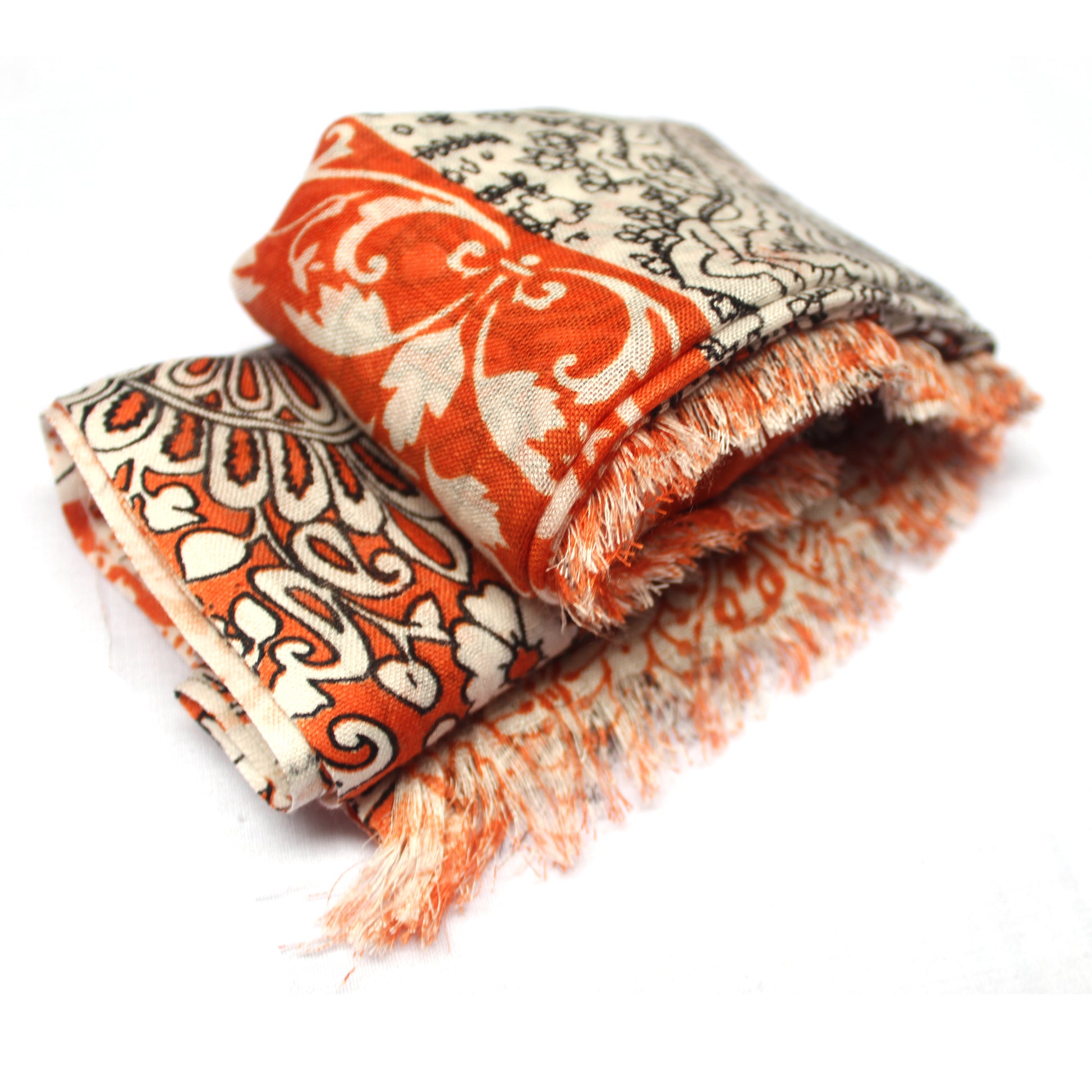 Cotton Rayon scarf flat lay showing orange design